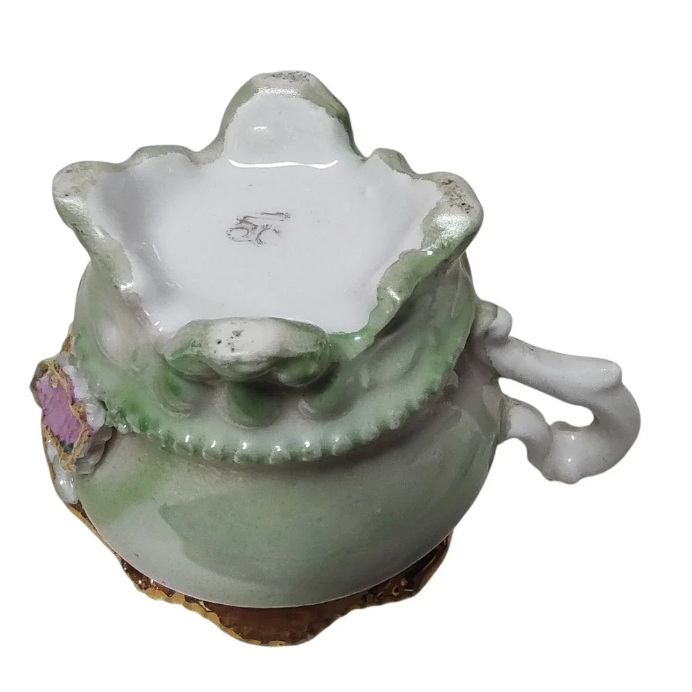 Vintage Bone China Demitasse Cup Green Pink Raised Flowers Footed Two Inches SEE